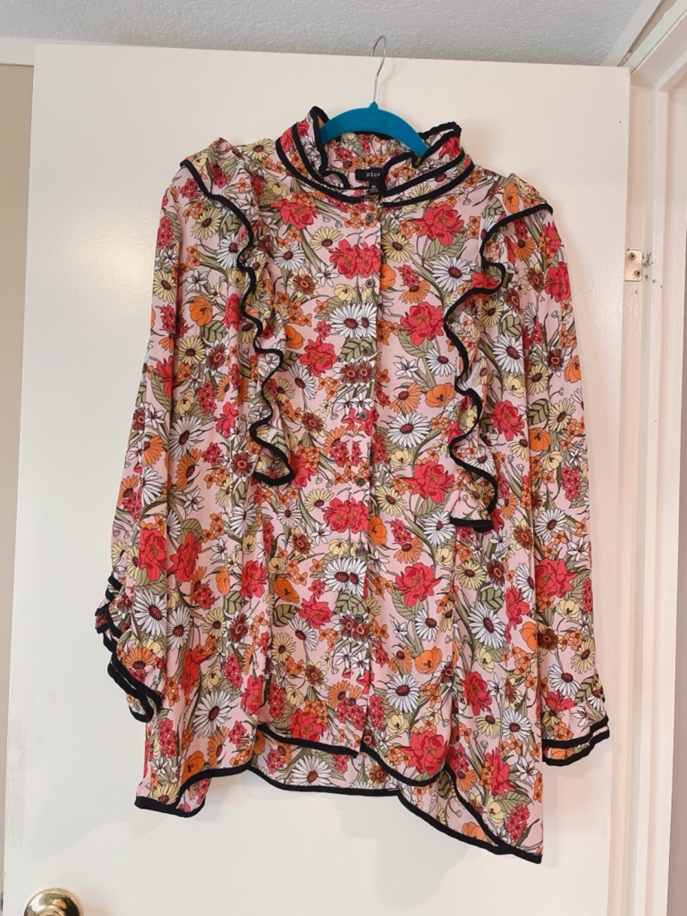 Dice Floral Ruffled Bohemian Button Down Blouse Size 3X